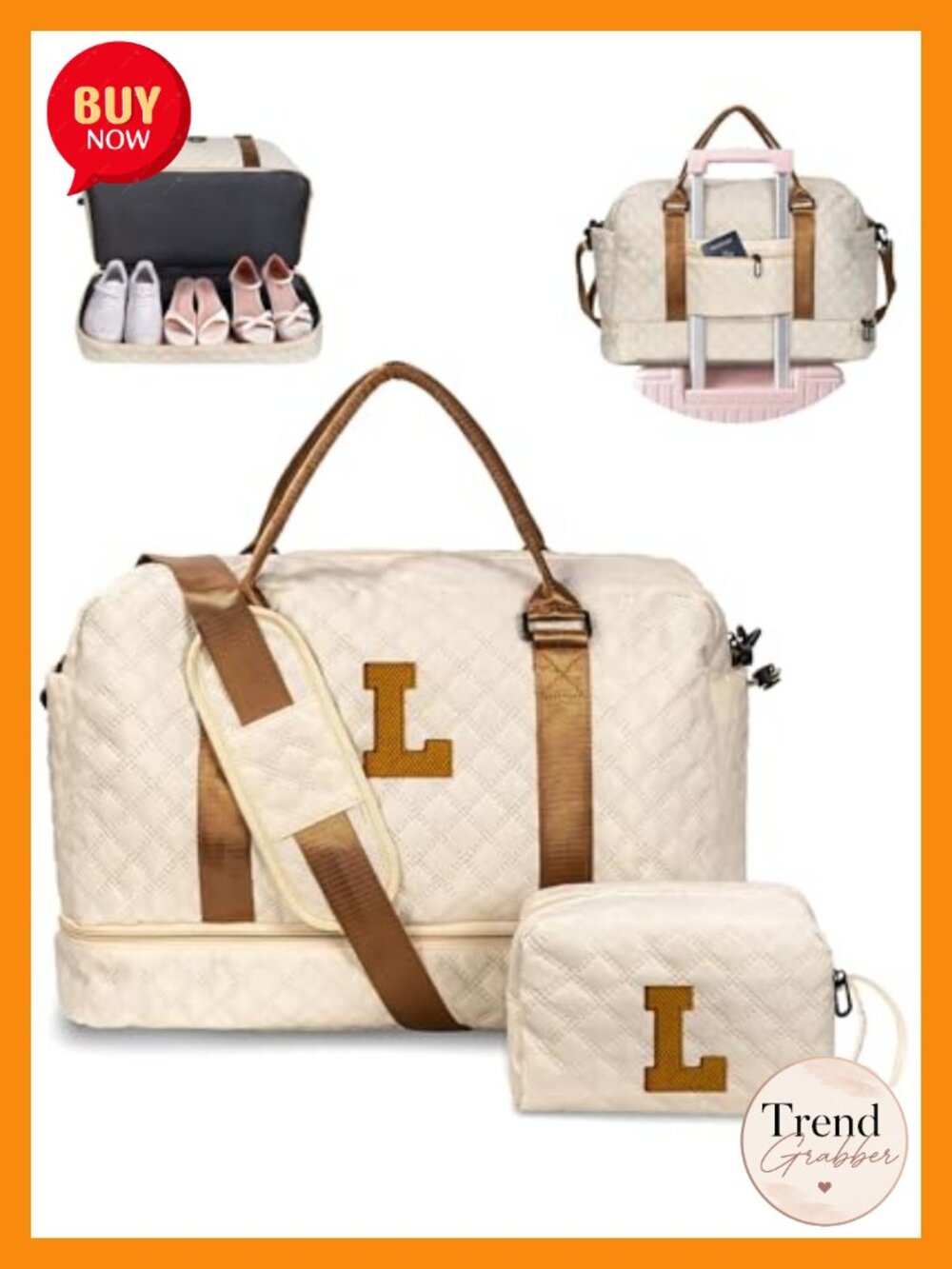 Personalized Initial Duffle Bag Weekender w/ Cosmetic Bag, Shoe & Wet Pocket